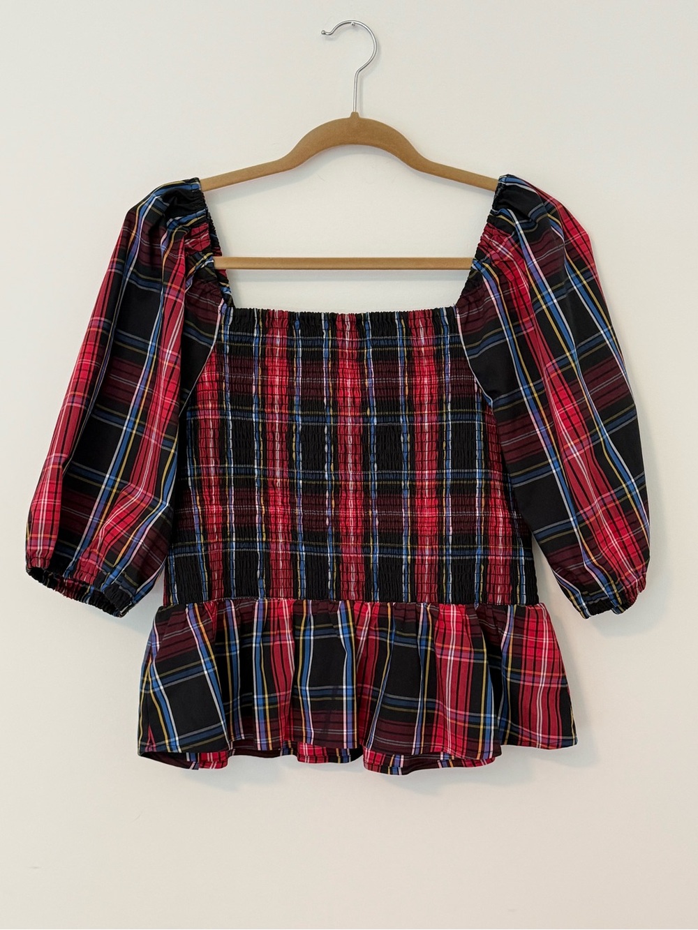 Draper James RSVP Smocked Peplum Top Red and Black plaid pattern - Size Large